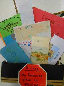 A 4th graders project: a tourist travel brochure, about their most favourite place in Greece! I found this old shoe box, the perfect container for these brochures! You can pick one and read...
