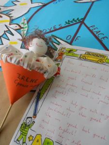 This is our most favourite class handmade puppet! Meet Irene (Peace, in greek)! Our language ambassador which was sent to our partners in Taiwan along with our "Doves of Peace" letters to help them know more about Greece and the greek language!